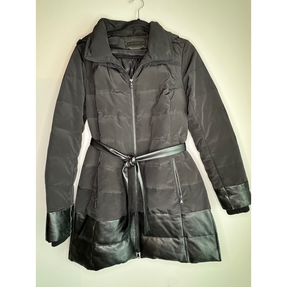 Danier Black Down Puffer Jacket Leather Trim Belted Hooded Parka Small
